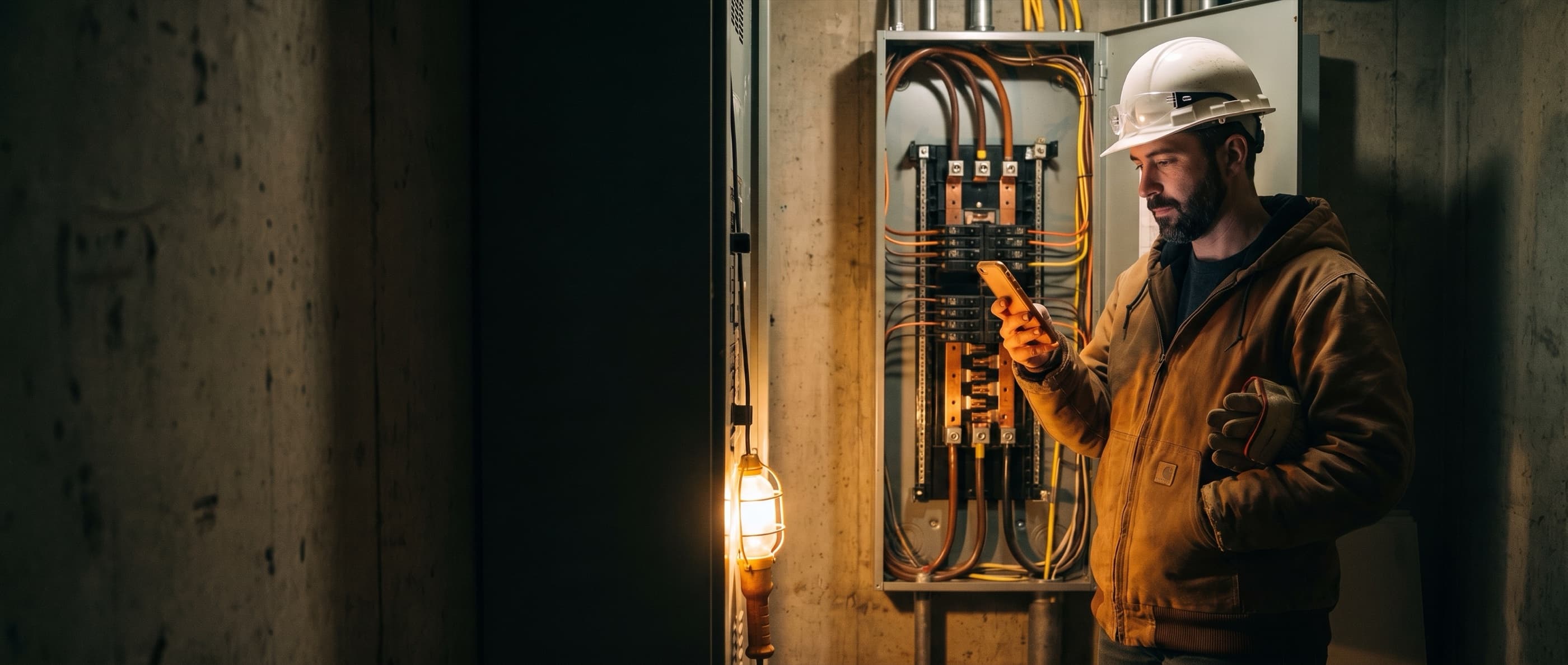 An electrician reads his phone beside an open commercial panelboard, lit by a work light.