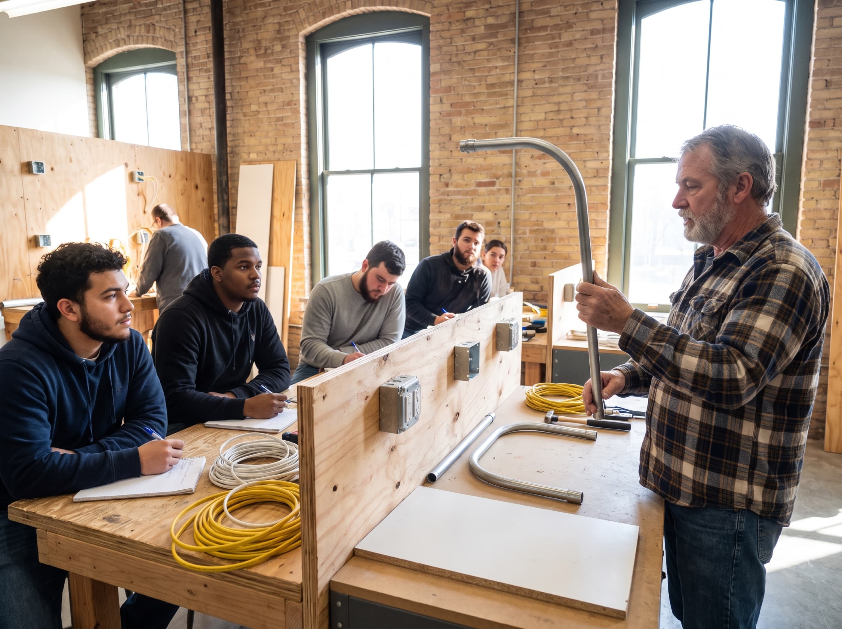 An instructor demonstrates a conduit bend to apprentices at plywood practice walls.