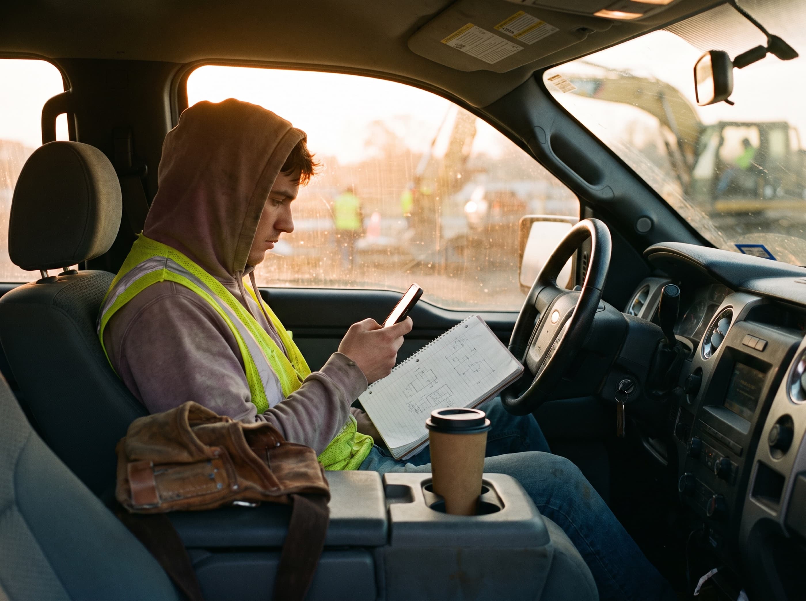 An apprentice studies on his phone in a pickup truck at dawn, a notebook on the wheel.
