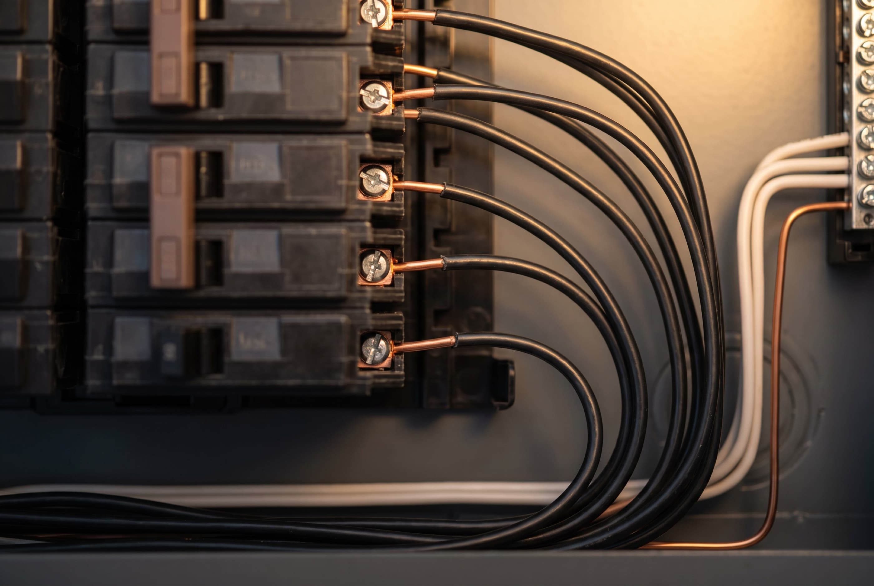 Black conductors landed on breaker terminals in a clean, evenly dressed panel.